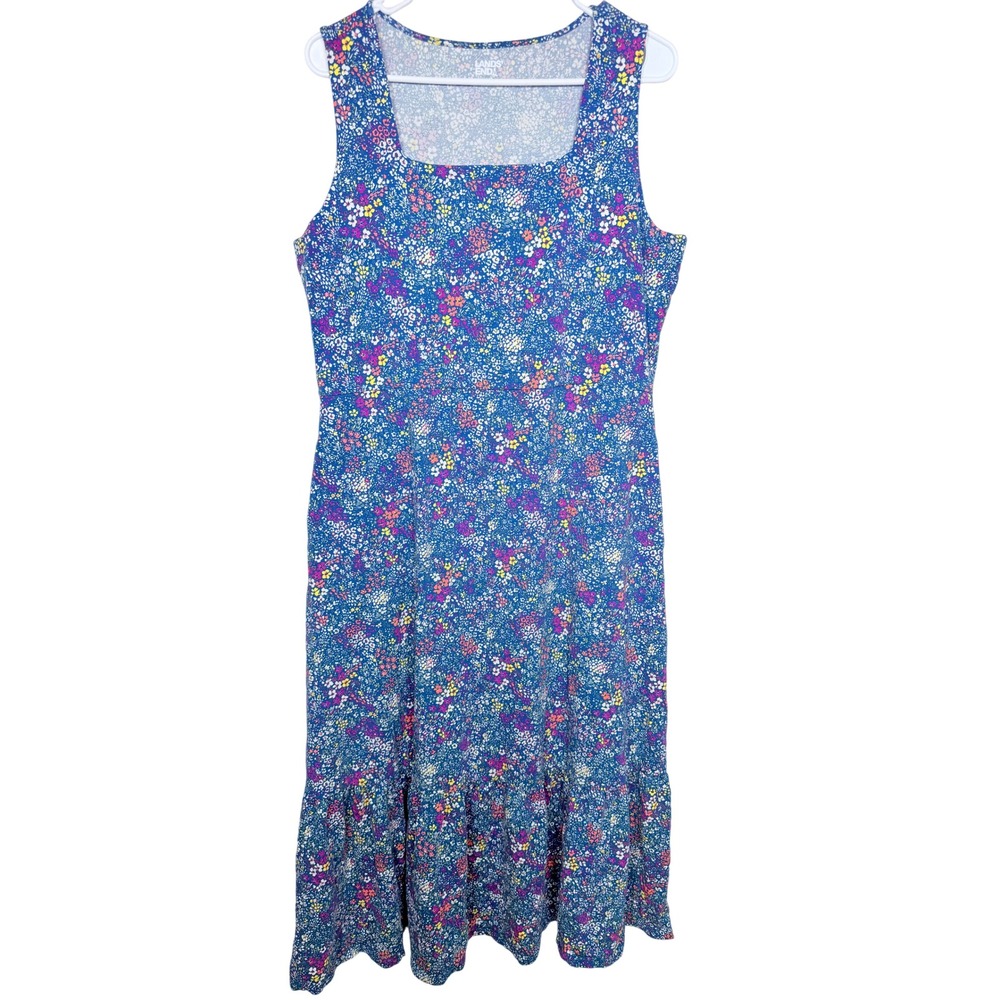 Lands End Womens Large Petite Floral Midi Dress Blue Ditsy Romantic Country Chic